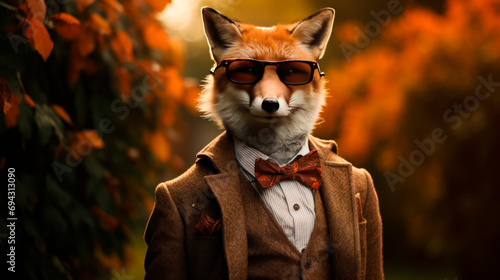 A stylish fox in a tweed jacket and bow tie, sporting sunglasses, exudes a gentlemanly aura amidst an autumnal setting. Blurred background. Human fashion in animals. Horizontal banner photo