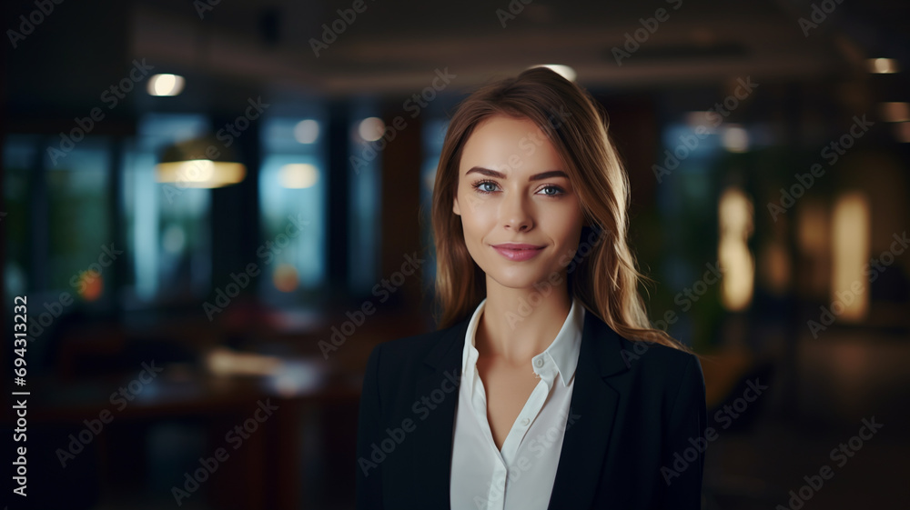 Portrait of happy business woman looks at camera on the office blurred background Portrait of happy business woman looks at camera on the office blurred background