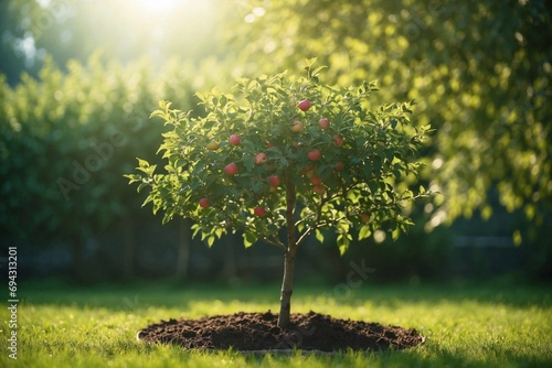 Tree in the garden. Green nature background. Planting and agriculture concept. 