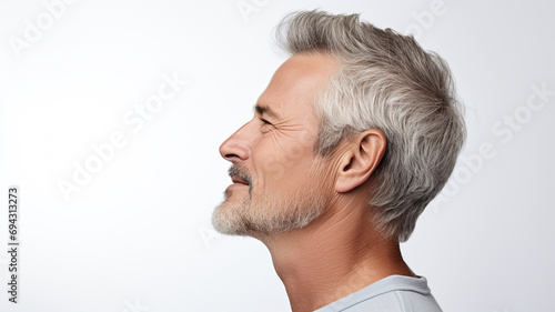 side view of a middle aged man on white background photo