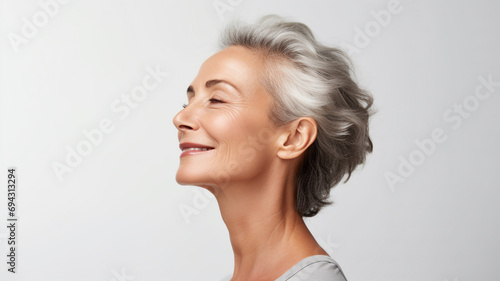 side view of a middle aged woman on white background