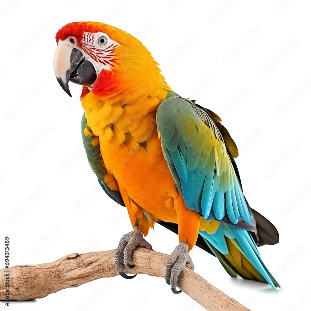 macaw parrot bird smile catch on wood tree branch colorful animal isolated on white background with clipping path