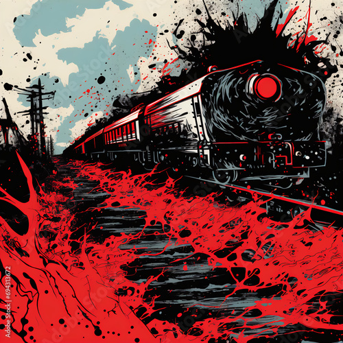 Distorted Train in Red and Black Ink: A Surreal Horror Splash Pattern photo