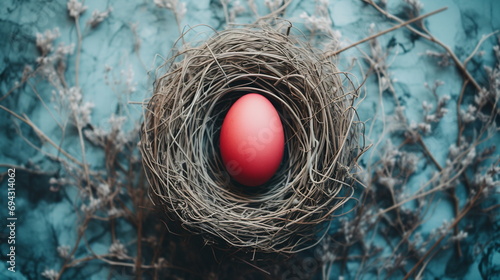 Single Red Easter Egg in a Bird's Nest on Blurred Blue Background with Branches. Happy Easter Concept for Design, Postcard, Cover, Poster, Horizontal Banner. © Milan