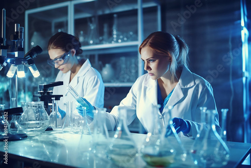 Two female scientists in white clothes conducting chemical experiments in the laboratory