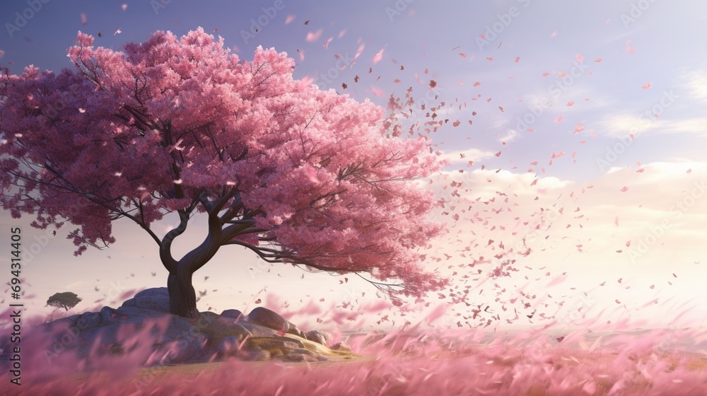 A tree bursting with pink cherry blossoms, petals scattering in the breeze.