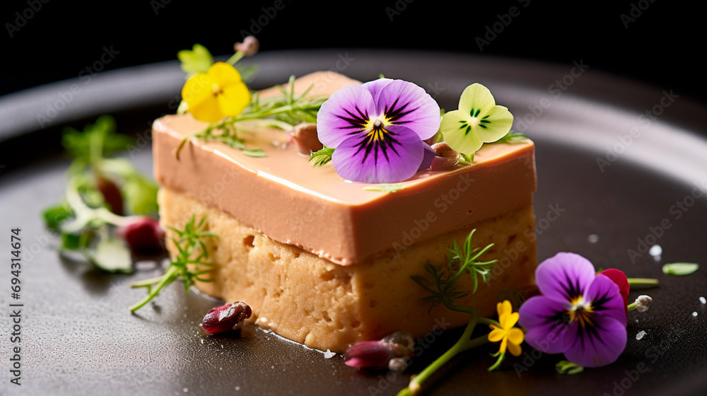 A piece of chocolate mousse cake decorated with flowers. Selective focus. A piece of chocolate mousse cake decorated with flowers. Selective focus.