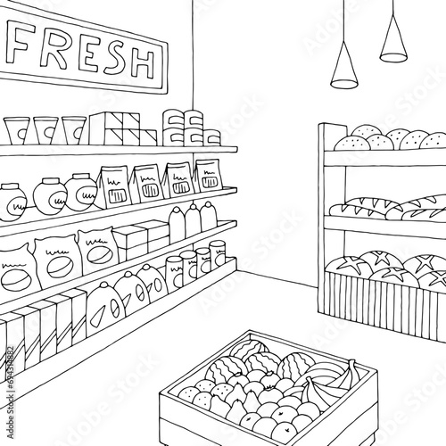 Grocery interior store shop black white graphic sketch illustration vector 