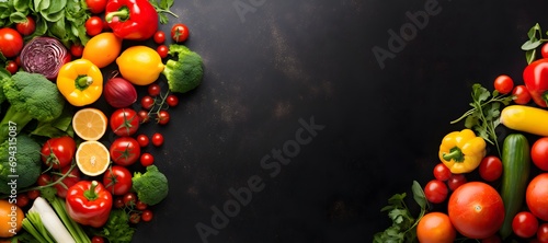 Healthy breakfast ingredients  food frame. Set of vegetables and fruits isolated on a black background. Healthy Food Background Healthy Vegetarian Food. copy space for text. 