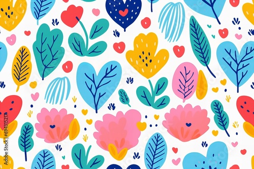 riso style seamless pattern with hearts and flowers, vibrant colors