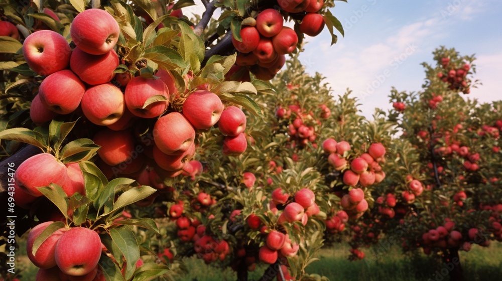 An orchard full of apple trees, branches heavy with ripe fruit.