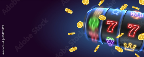 Slot machine with golden coins. Lucky seven on slot machine. Vector illustration.
