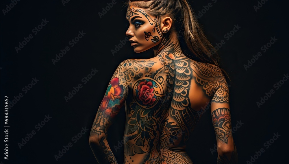 A woman with full body tattoos in a pose displaying various designs and patterns against a dark background. The concept of nonstandard appearance. - obrazy, fototapety, plakaty 