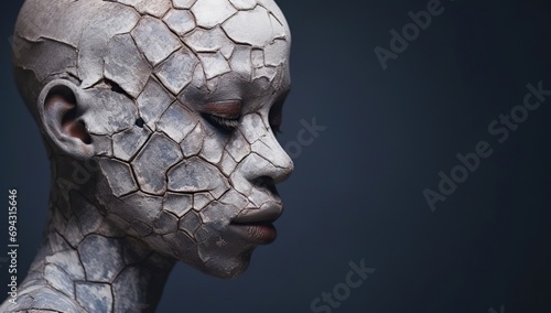 A profile of a person with artistic makeup imitating cracks on the skin, set against a dark blue background. The concept of nonstandard appearance. photo