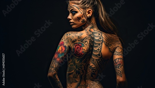 A woman with full body tattoos in a pose displaying various designs and patterns against a dark background. The concept of nonstandard appearance. photo