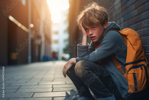 Young homeless boy depressing on the city urban road. Poverty child on the street background. Run away from home or escape from home concept.