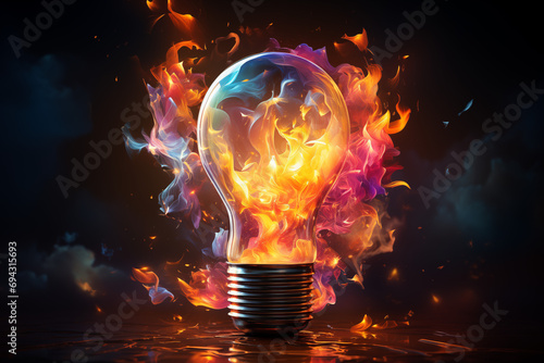 Creative light bulb explodes with colorful paint and colors. New idea, brainstorming concept, AI generate