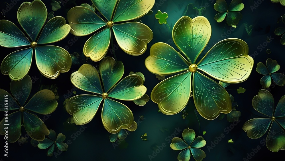 Golden clover leaves with green speckles on a dark green background with light reflections. The concept of celebrating St. Patrick's Day Golden clover leaves with green speckles on a dark green background with light reflections. The concept of celebrating St. Patrick's Day