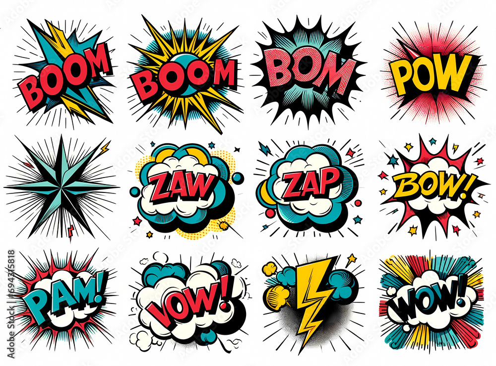 A collection of classic comic book style expressions and sound effects. Each encased in a unique burst or speech bubble, designed with bold letters and vibrant colors.
