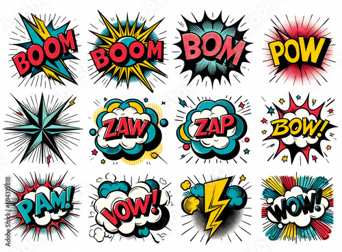 A collection of classic comic book style expressions and sound effects. Each encased in a unique burst or speech bubble, designed with bold letters and vibrant colors.