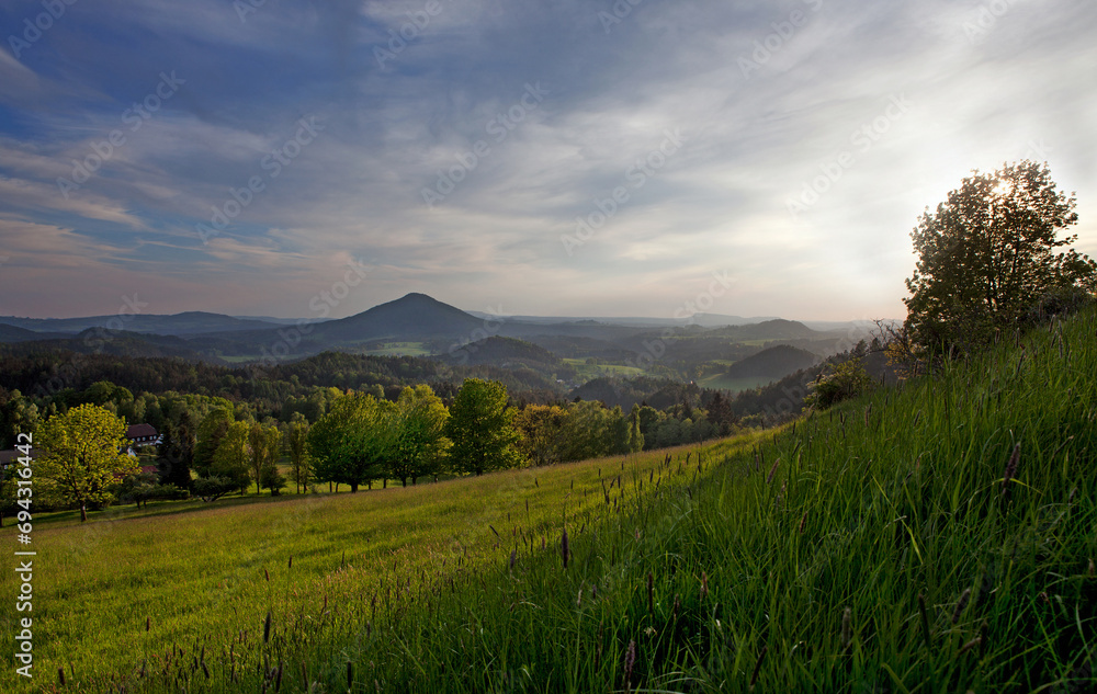 Fototapeta premium A view of a mountain meadow on which the sun shines