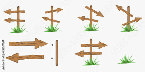 wooden signs with green grass. scenographer of arrows for any purpose. Abstract template with wooden signs.