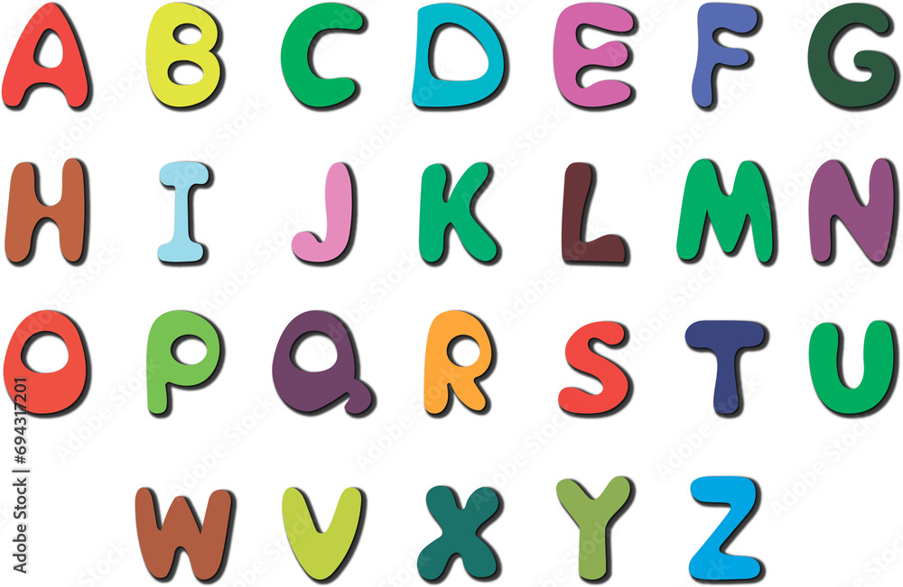 English alphabet. Cartoon font with colored letters and shadow. Multi-colored capital letters on a transparent background. English alphabet. Cartoon font with colored letters and shadow. Multi-colored capital letters on a transparent background.