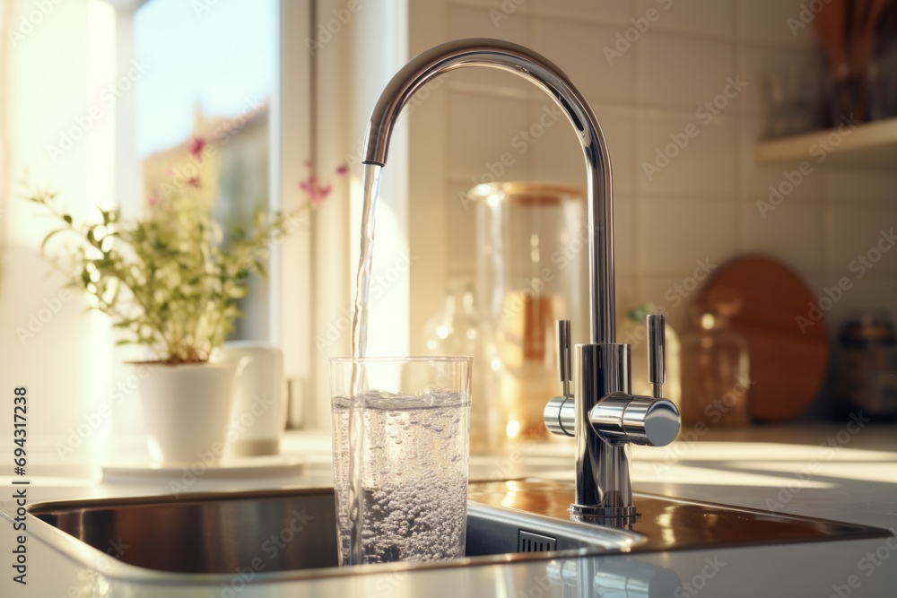 Close-up of modern chrome kitchen faucet with running water, acrylic stone countertop, stainless steel built-in sink against the background of white tile wall, window and indoor plants. Close-up of modern chrome kitchen faucet with running water, acrylic stone countertop, stainless steel built-in sink against the background of white tile wall, window and indoor plants.