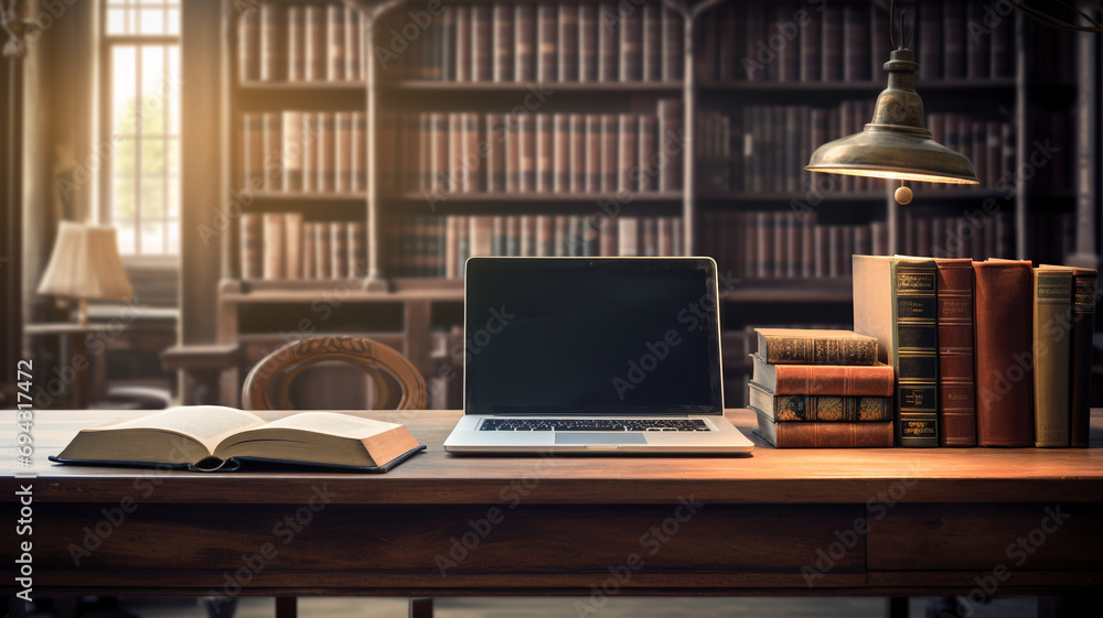 Library desk with books and laptop representing education technology and e learning Library desk with books and laptop representing education technology and e learning