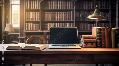 Wallpaper Mural Library desk with books and laptop representing education technology and e learning Torontodigital.ca