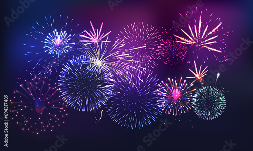 Colorful fireworks vector background with bokeh. Abstract New Year background with space for text. Realistic fireworks isolated background.