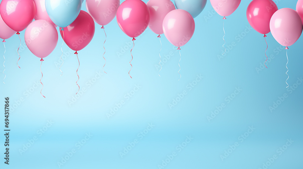 Pink and Blue Birthday Party Balloons on the Simple Blue Background Create with Generative AI Technology