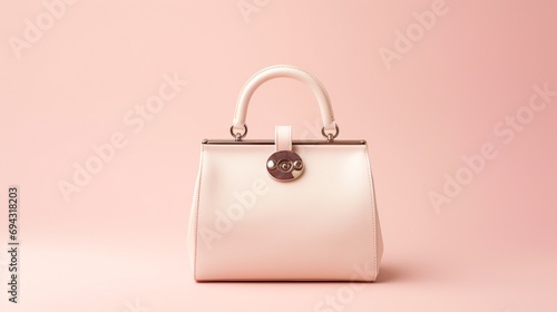 cream color hand bag on pink background.