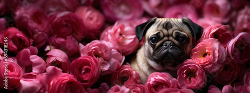 Banner with cute puppy pug sitting through pink roses flowers, on the bokeh background with copy space