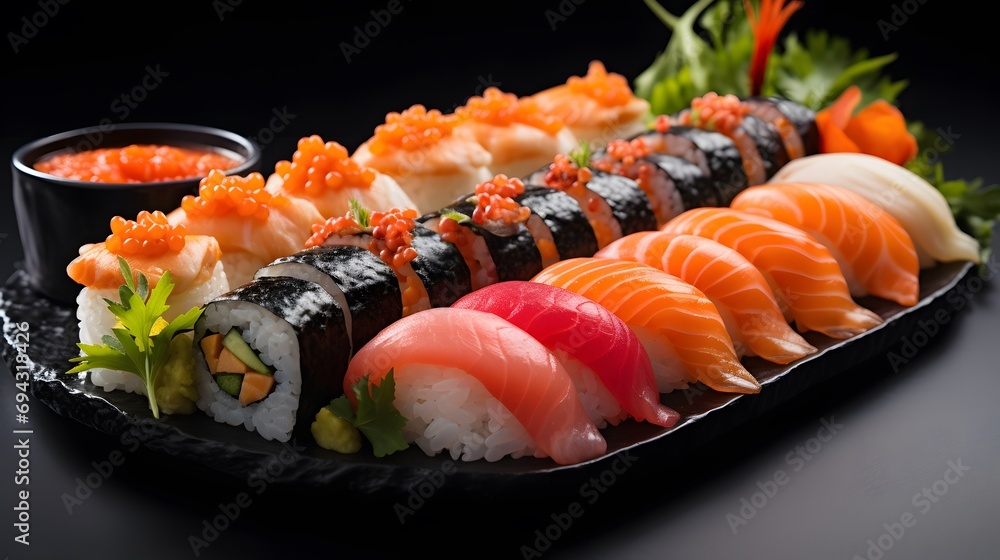 A plate of Japanese Delicious food Salmon Sushi and rolls Set on a black table. Japanese food Sushi. A plate of Japanese Delicious food Salmon Sushi and rolls Set on a black table. Japanese food Sushi.