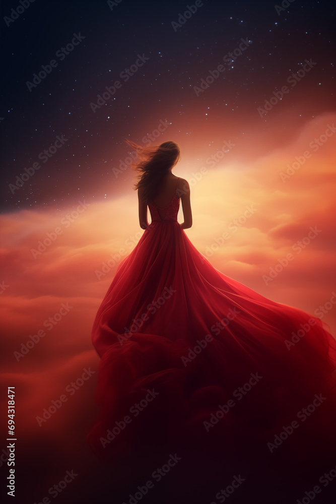 back view of a pretty young woman wearing a long flowing red dress - back view - full view - vibrant fantasy red sky - fantasy red dress - young long haired brunette back view of a pretty young woman wearing a long flowing red dress - back view - full view - vibrant fantasy red sky - fantasy red dress - young long haired brunette