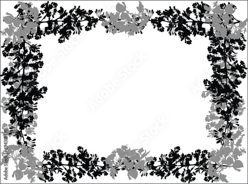 cherry tree flowers grey and black silhouette frame on white