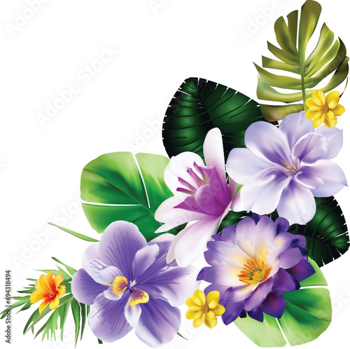 four violet flowers corner isolated on white