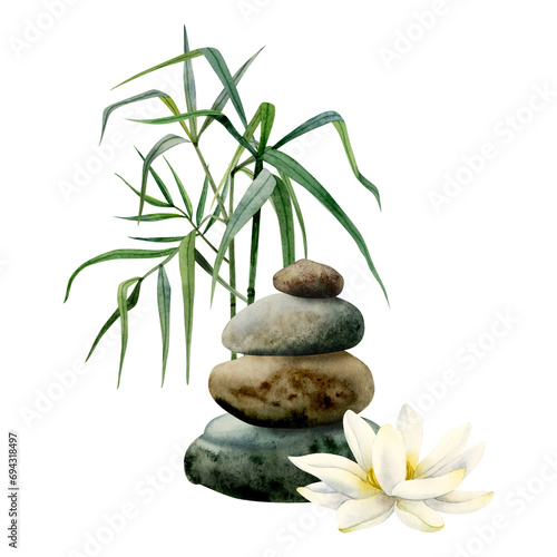Lotus flower with balanced stones pyramid and bamboo realistic watercolor illustration isolated on white background for yoga  spa centers  Asian nature cosmetics and health care
