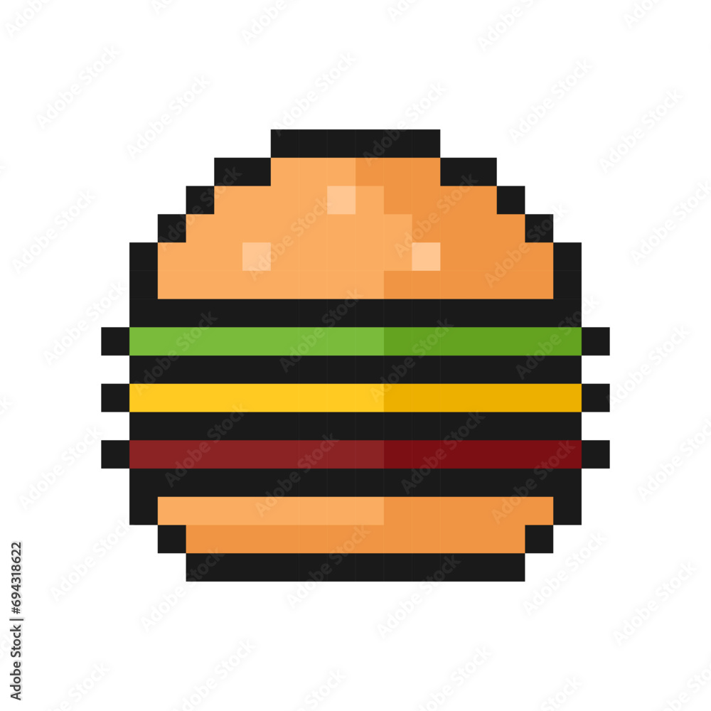 burger pixel art icon, vintage, 8 bit, 80s, 90s games, computer arcade game item, nostalgic, old games style, hamburger vector illustration