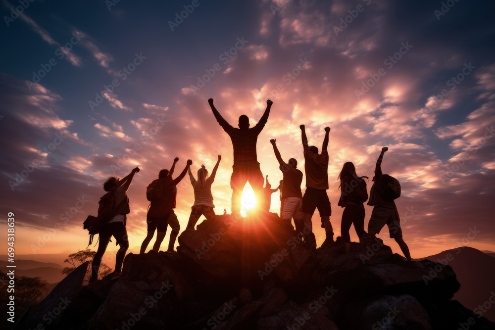 Peak triumph: silhouettes a top mountain, joyous group celebrates team success , embodying shared victories, harmonious collaboration, euphoria of collective achievement in nature's majestic embrace.