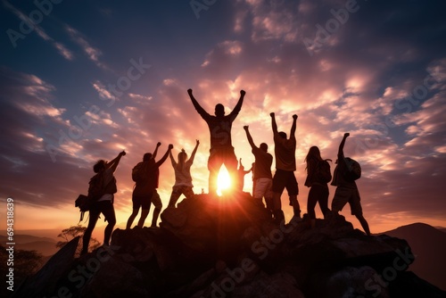 Peak triumph: silhouettes a top mountain, joyous group celebrates team success , embodying shared victories, harmonious collaboration, euphoria of collective achievement in nature's majestic embrace.