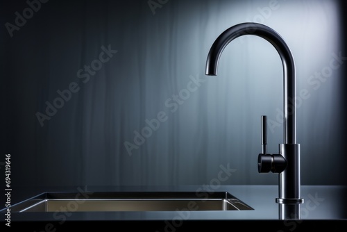 Close-up of modern black matte kitchen faucet, black acrylic stone countertop, stainless steel built-in sink against the background of black wall with spot lighting. Copy space.