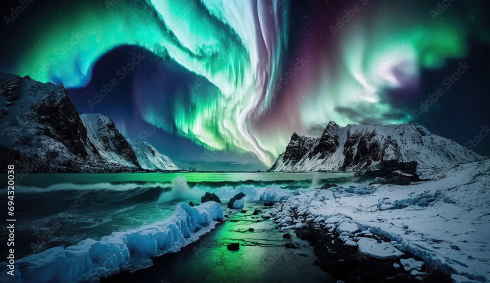 amazing aurora borealis in a landscape with snow and lake, Generative AI