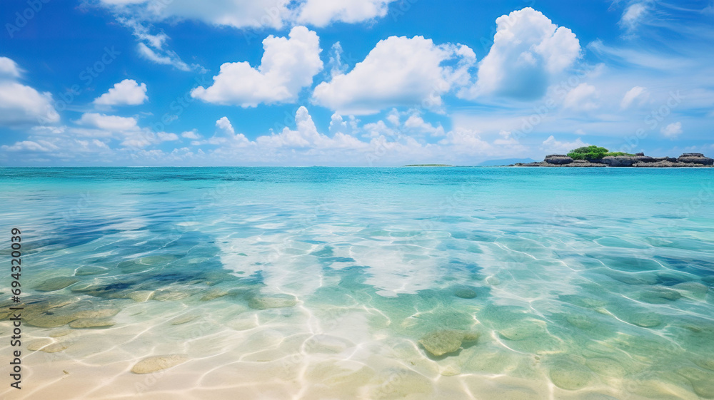 beach view with beautiful blue sky and amazing blue water landscape photography, Generative AI