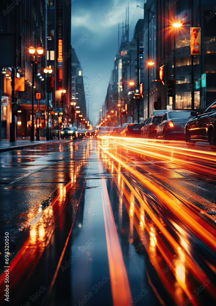 road during a rainy night long exposure lights photography, Generative AI