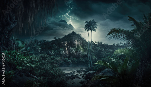 amazing tropical jungle during night and storm  Generative AI