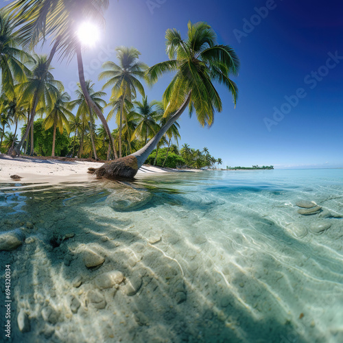 beautiful exotic landscape of seaside with blue sky and palm trees, Generative AI © Korvin Brand Studio