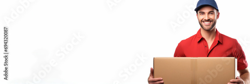 handsome smiling delivery mailman person Red polo shirt delivering parcel cardboard box, isolated on white background.