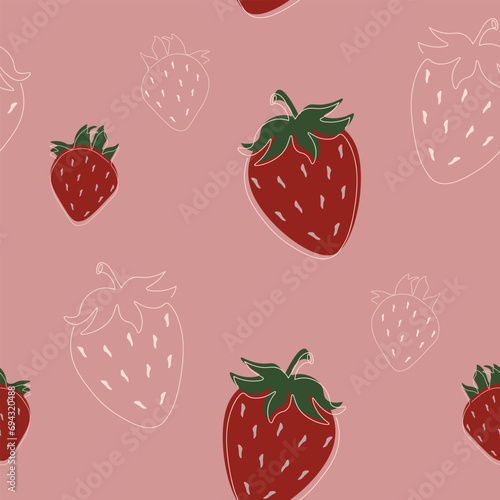 Trendy seamless pattern with red strawberries continuous one line art on pink background. Vector art illustration.	